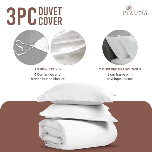 Pizuna 100% Cotton Double Duvet Cover Set White, 400 Thread Count Long Staple Cotton Duvet Cover 200x200cm, Sateen Weave Quilt Cover with Button Closure (Double Duvet Cover Cotton)