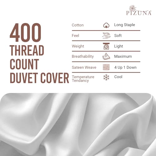 Pizuna 100% Cotton Double Duvet Cover Set White, 400 Thread Count Long Staple Cotton Duvet Cover 200x200cm, Sateen Weave Quilt Cover with Button Closure (Double Duvet Cover Cotton)