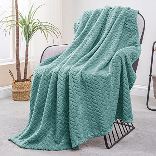 Exclusivo Mezcla Large Flannel Fleece Throw Blanket, 127x178 CM Sofa Throws, Soft Jacquard Weave Leaves Pattern Throws for Sofa, Celadon Blanket