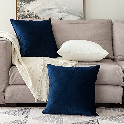 MIULEE Decorative Velvet Cushion Covers 45cm x 45cm/Square Throw Pillowcases for Sofa Bedroom with Invisible Zipper 18x18 Inch Navy Blue Sets of 2