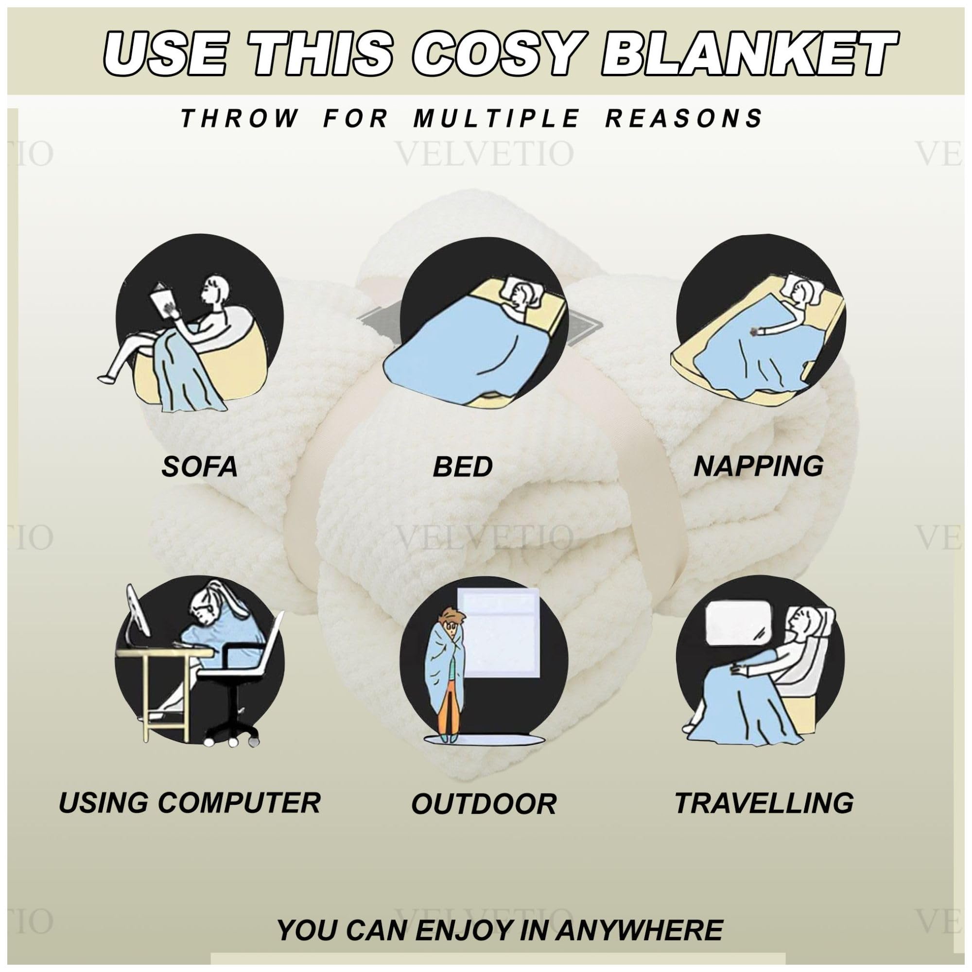 VELVETIO Luxury Waffle Fleece Popcorn Throw, Extra Large Thermal Warm Honeycomb Blanket, Soft & Cosy 100% Polyester Snuggle Sofa Bed Throws, 200 x 240cm, Cream