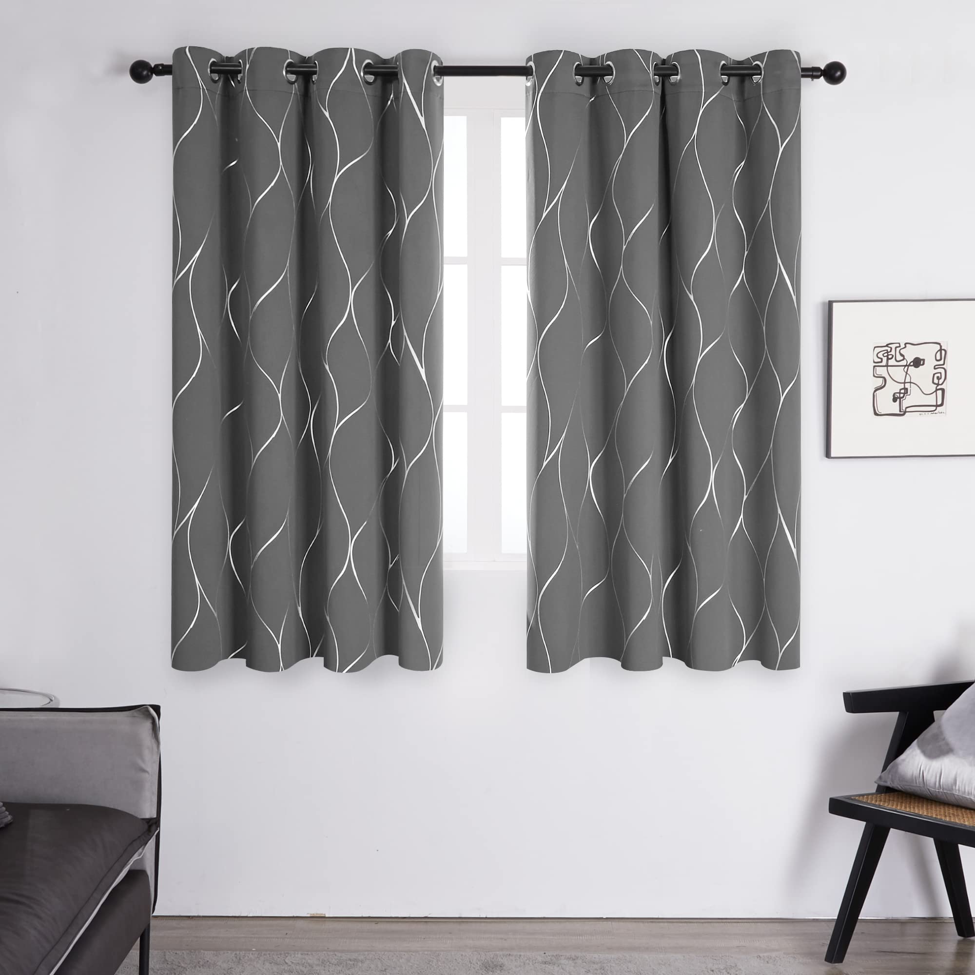 Deconovo Blackout Curtains, Thermal Insulated Curtains, Wave Line Foil Printed Ring Top Curtains for Girls Bedroom, 46 x 54 Inch(Width x Length), Light grey, 2 panels
