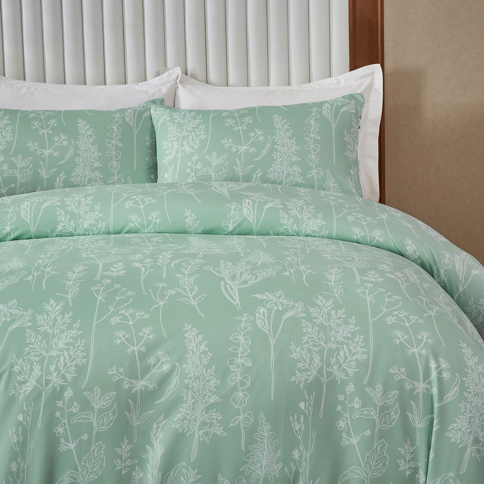 Lunoroey Green Floral Duvet Cover Set Single Size Floral Bedding Sets Plants Flowers Botanical Printed Duvet Covers All Season Bedding Sets Soft And Easy Care