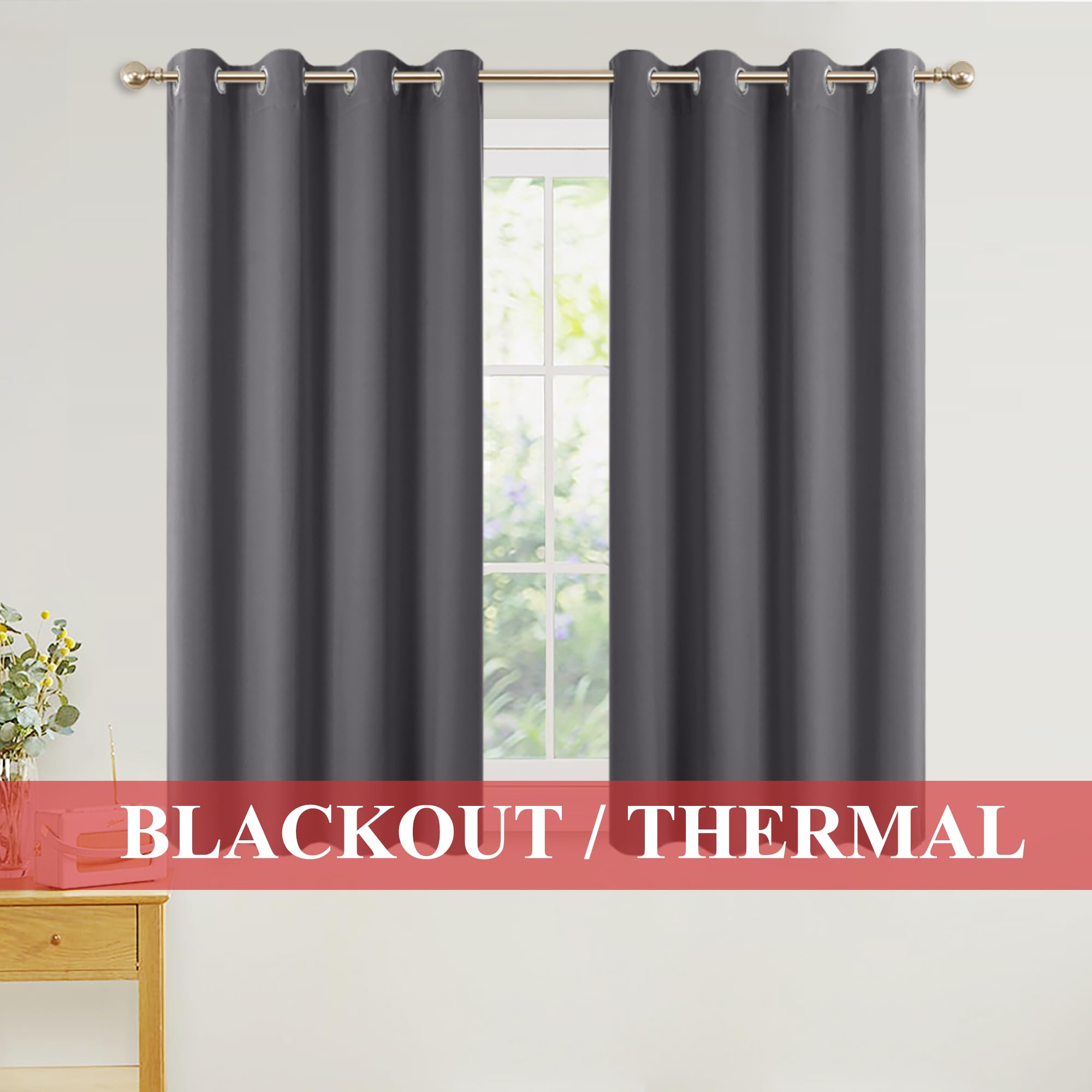 PONY DANCE Grey Blackout Curtains for Bedroom 54 Inch Drop Eyelet Thermal Curtains & Drapes Short Blackout Curtains for Window Treatment Living Room/Kitchen, 2 Panels, W46 X L54, Gray