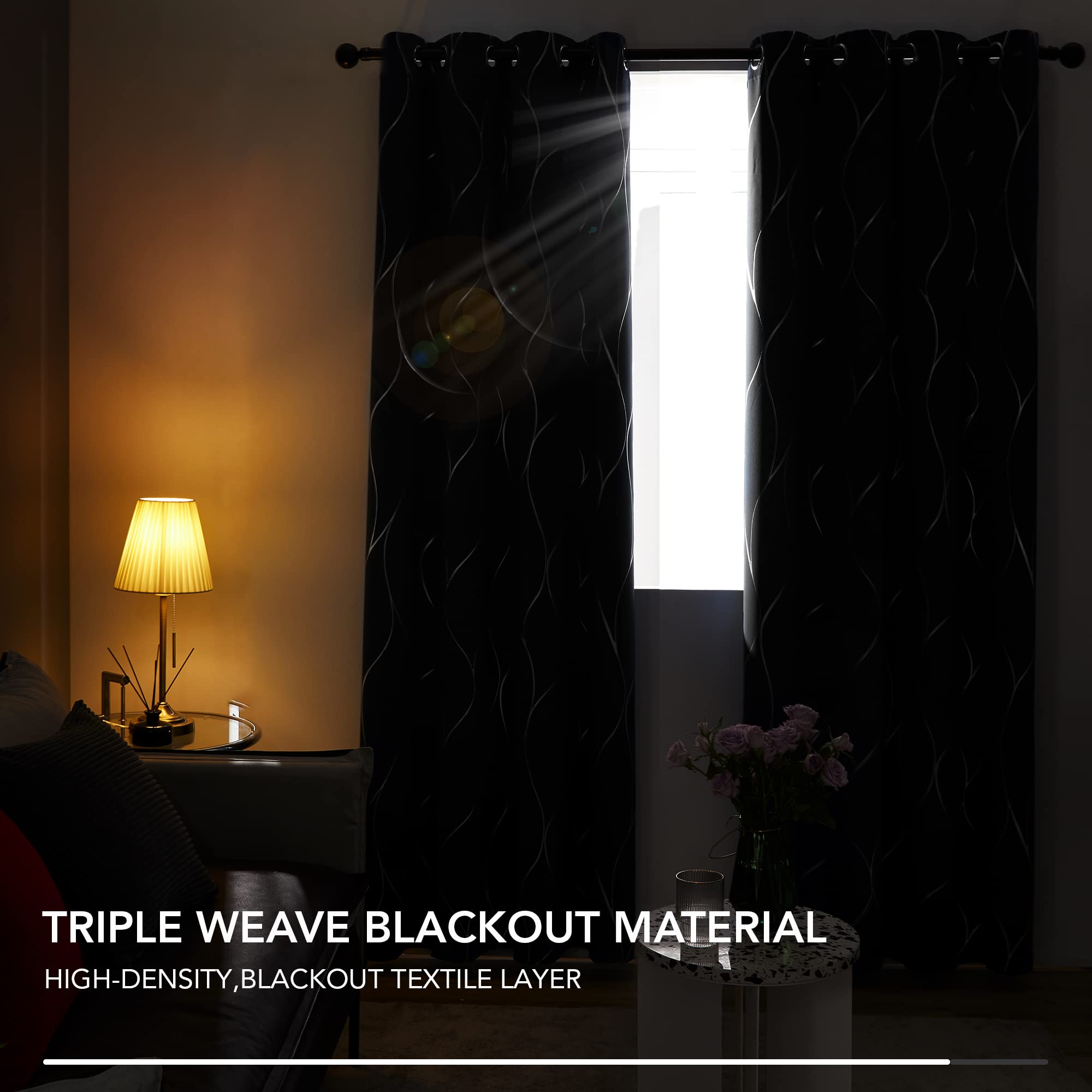 Deconovo Blackout Curtains, Thermal Insulated Curtains, Wave Line Foil Printed Ring Top Curtains for Girls Bedroom, 46 x 54 Inch(Width x Length), Light grey, 2 panels