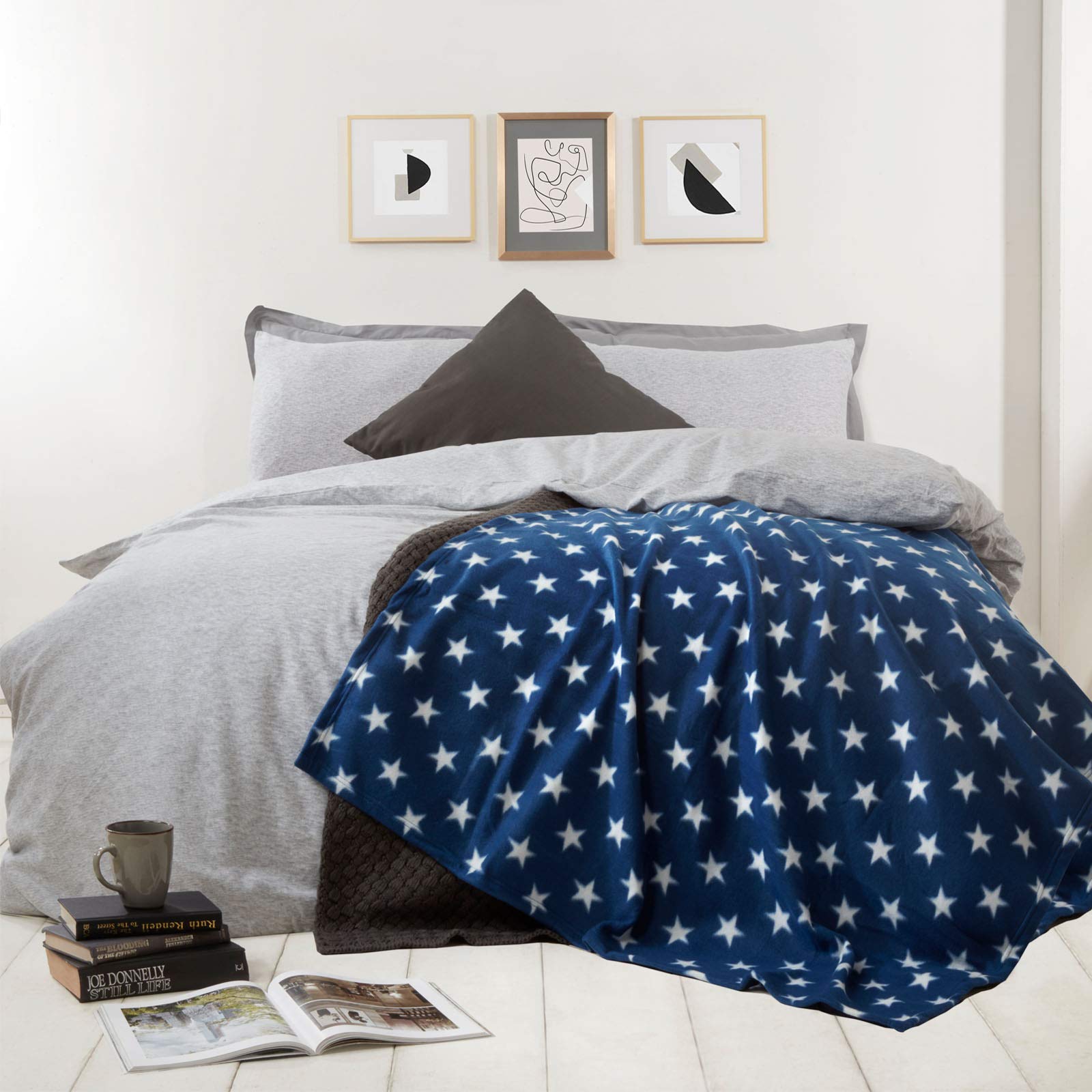 Dreamscene Flannel Fleece Stars Throw Over Bed Warm Soft Blanket Plush for Kids Sofa, Navy Blue - 50" x 60" inch