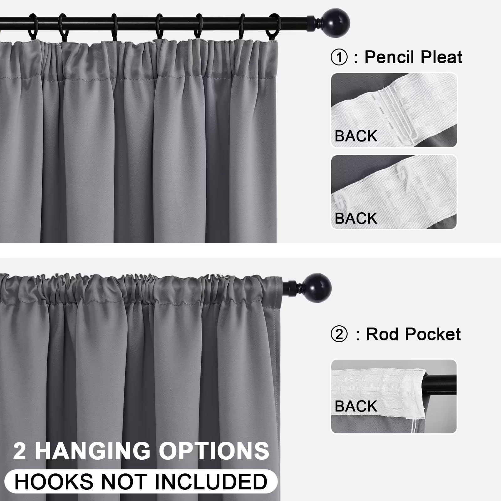 DWCN Blackout Curtains for Bedroom with Tiebacks Pencil Pleat Curtains Thermal Insulated Curtains Rod Pocket Room Darkening Window Grey Curtains for Living Room 46 x 54 inch Length, Grey, 2 Panels