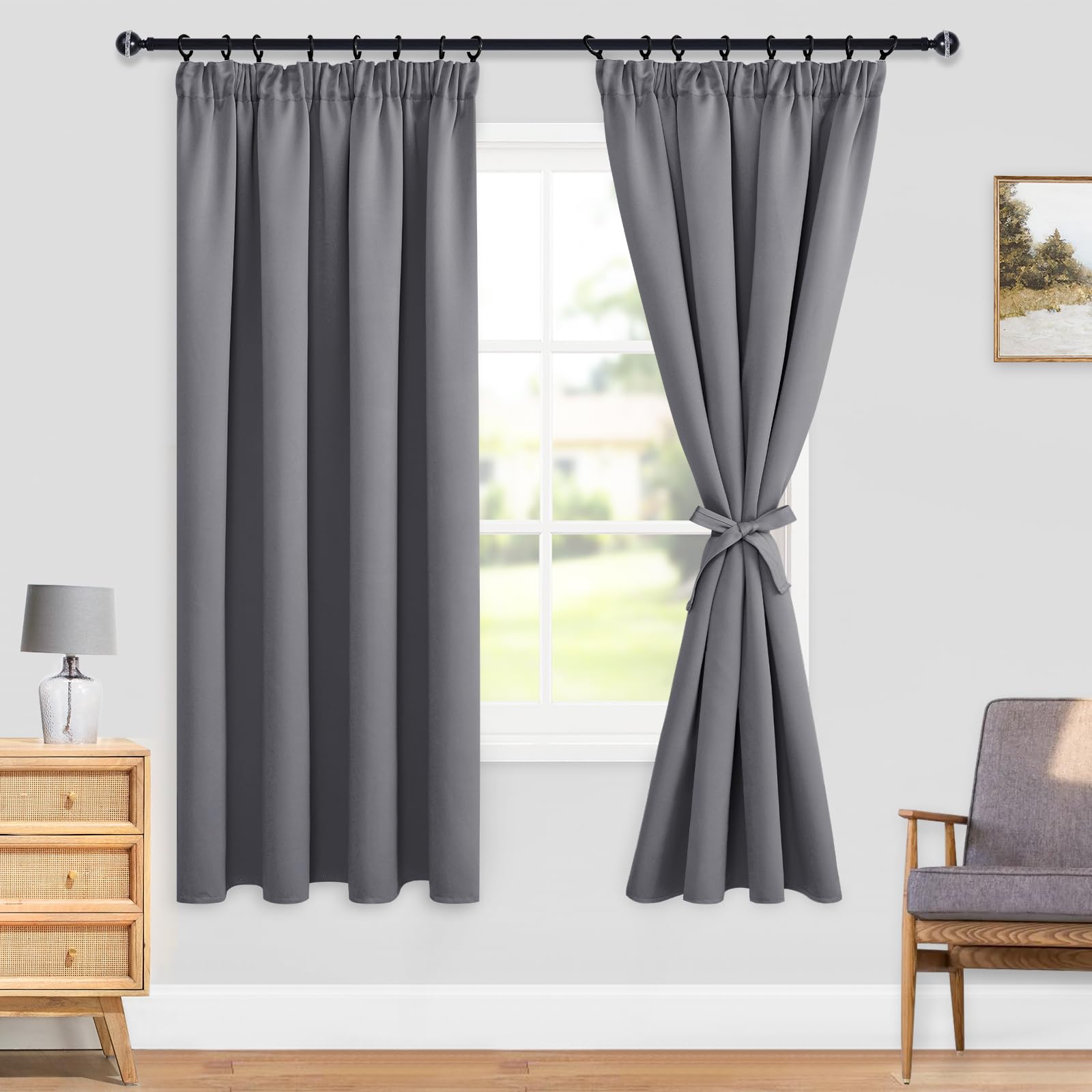 DWCN Blackout Curtains for Bedroom with Tiebacks Pencil Pleat Curtains Thermal Insulated Curtains Rod Pocket Room Darkening Window Grey Curtains for Living Room 46 x 54 inch Length, Grey, 2 Panels
