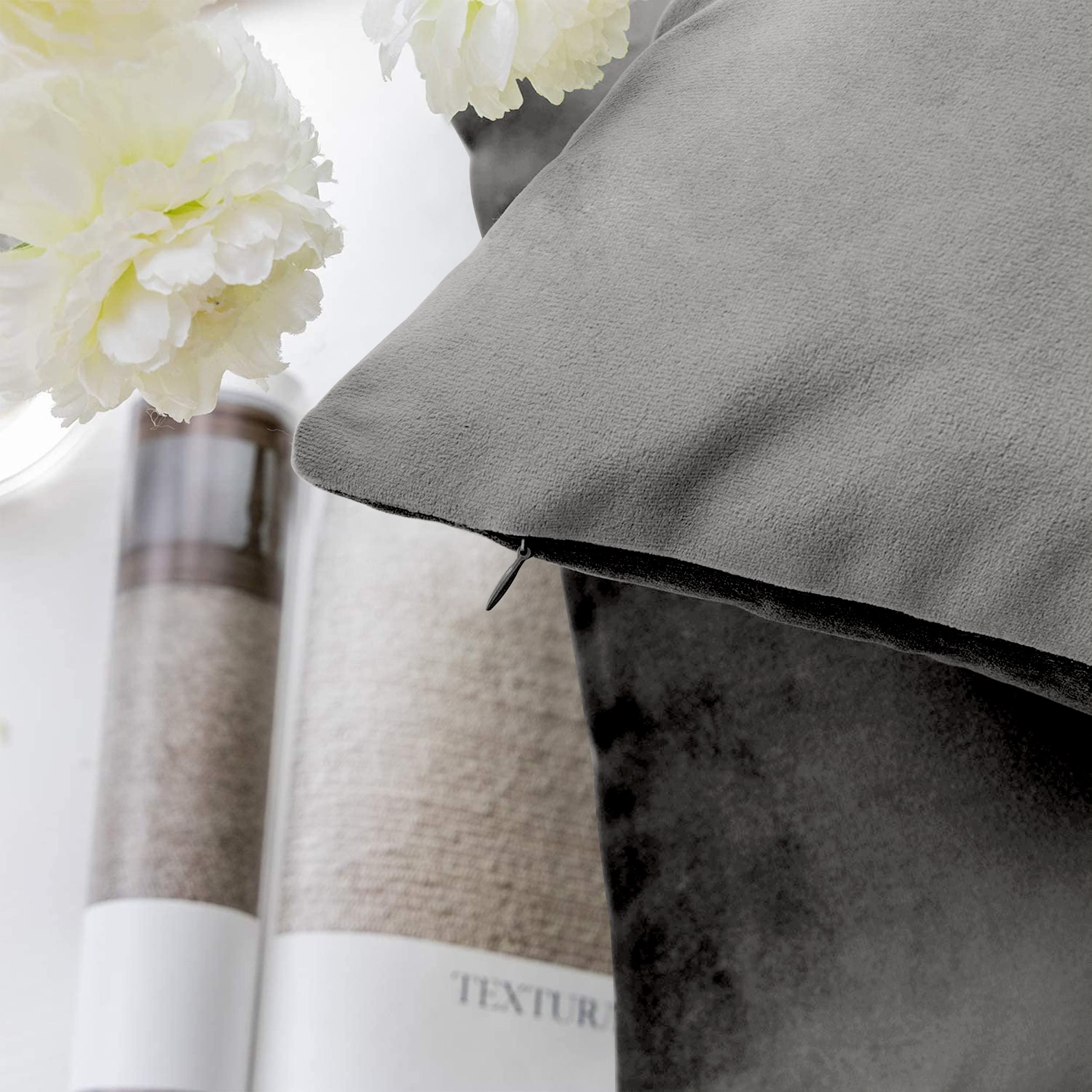 YORKSHIRE BEDDING Cushion Covers 45 x 45 (Pack of 2) - Luxury Velvet Square Throw Pillow Cases - Decorative Soft Grey Cushion Cover for Sofa Couch Bedroom with Invisible Zipper, 18x18 Inches