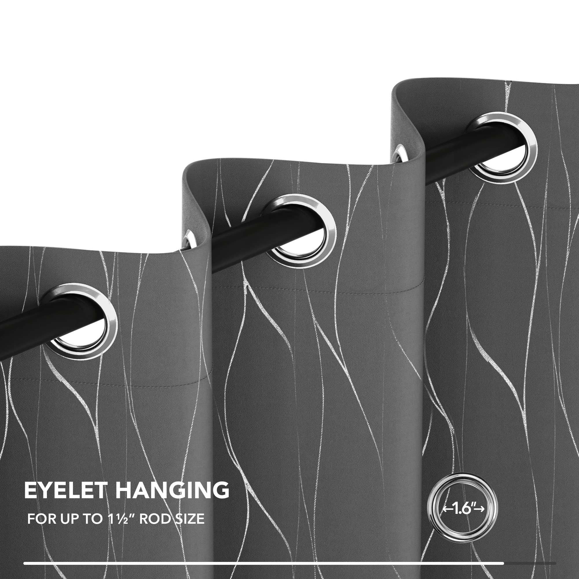 Deconovo Blackout Curtains, Thermal Insulated Curtains, Wave Line Foil Printed Ring Top Curtains for Girls Bedroom, 46 x 54 Inch(Width x Length), Light grey, 2 panels