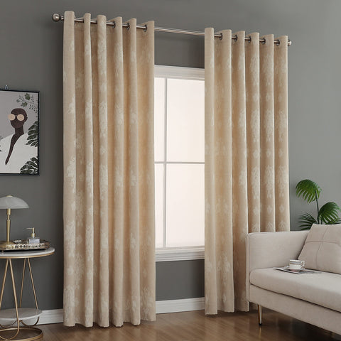 Prime Linens Curtains for Living Room Ring Top Jacquard Curtains Fully Lined Modern Panels Eyelet Curtains for Bedroom with 2 Free Tie Backs (Beige, W 46" x L 54")