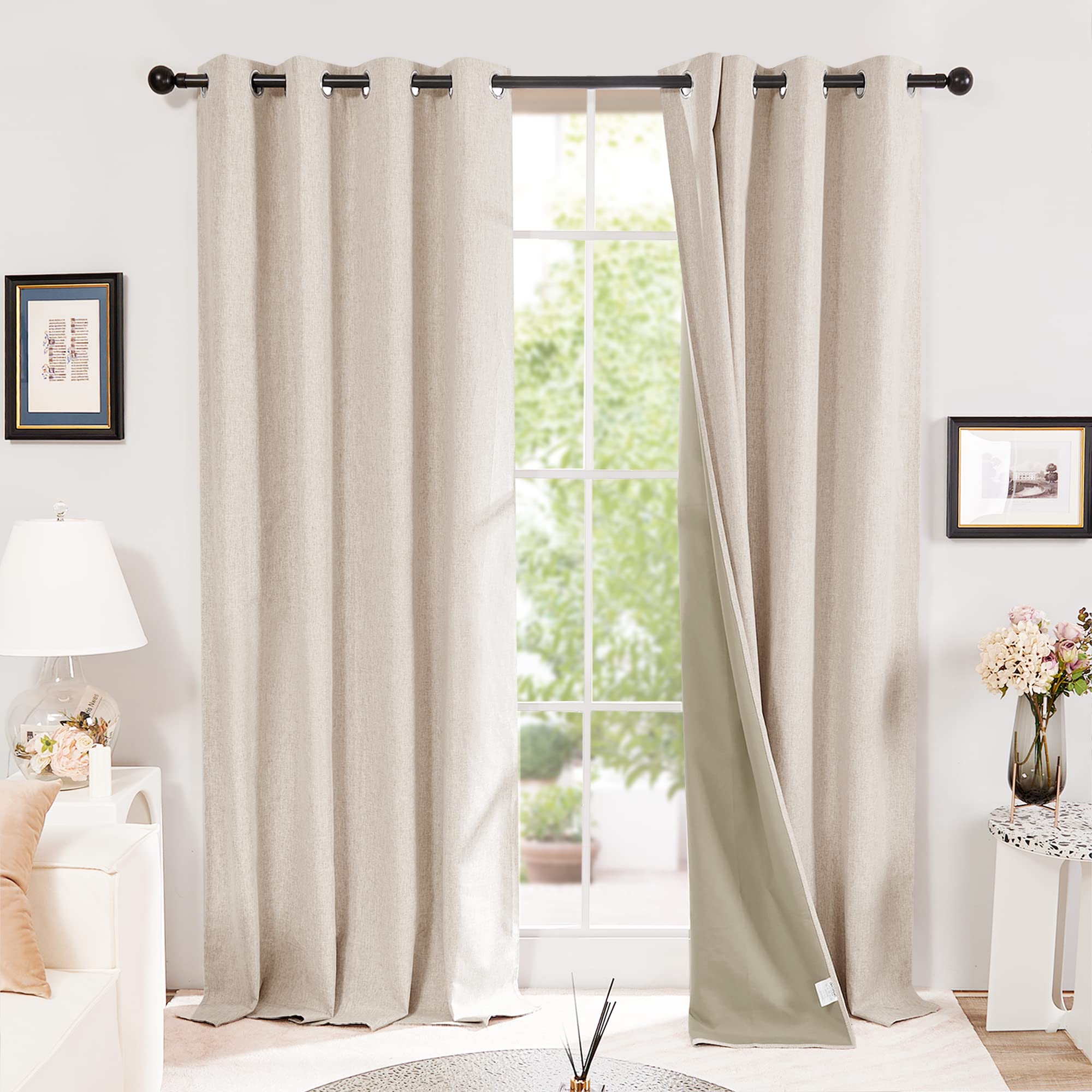 Deconovo 100% Blackout Curtains Faux Linen Thermal Insulated Curtains for Summer, Insulated Blackout Eyelet Curtains for Bedroom W46 x L54 Inch Taupe One Pair