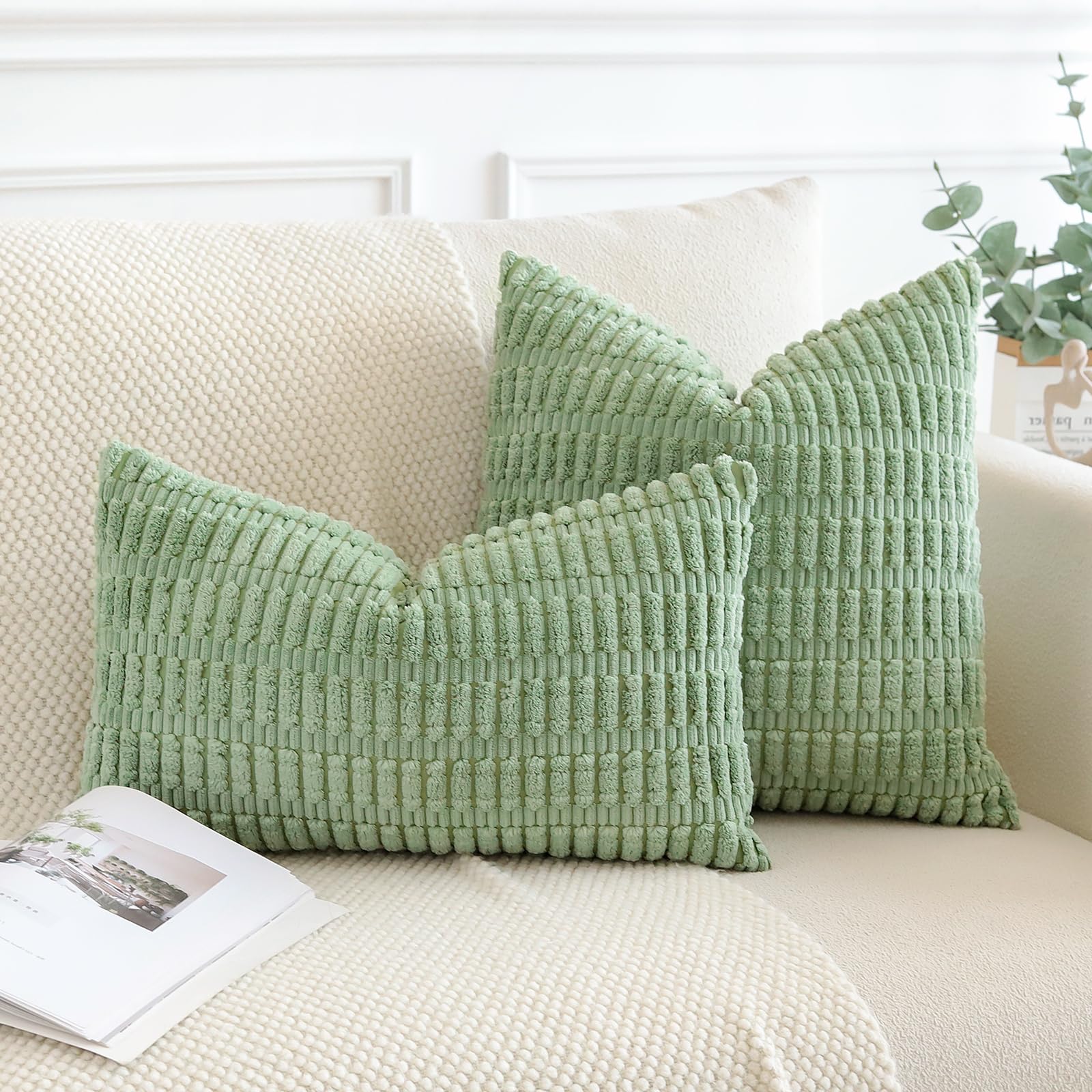 JOTOM Set of 2 Corduroy Soft Striped Cushion Covers 45x45 cm Decorative Throw Pillow Covers Square Cushion Case Home Boho Decor Pillow Cases for Couch Sofa Bedroom 18x18 Inch (Sage Green)