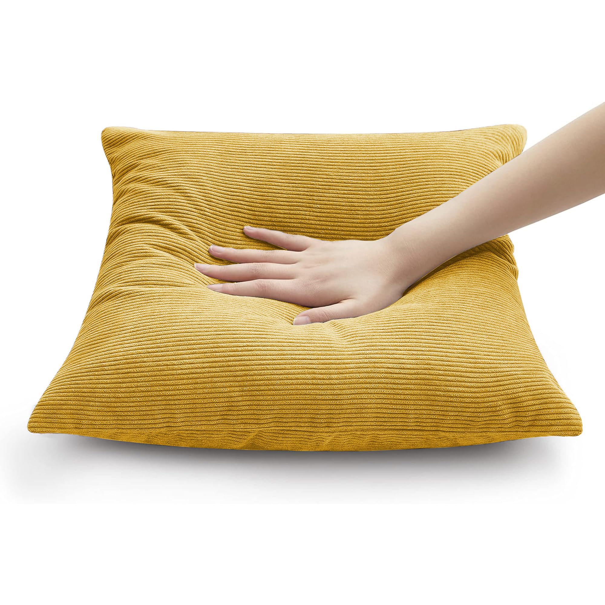 Hafaa Cushions with Covers Included 45 x 45 Cm Set of 4 (2 Ochre Cushion Covers, 2 Cushion Inserts) - Stripe Velvet Square Throw Pillow Case Decorative Sofa Cushion Covers with Invisible Zipper