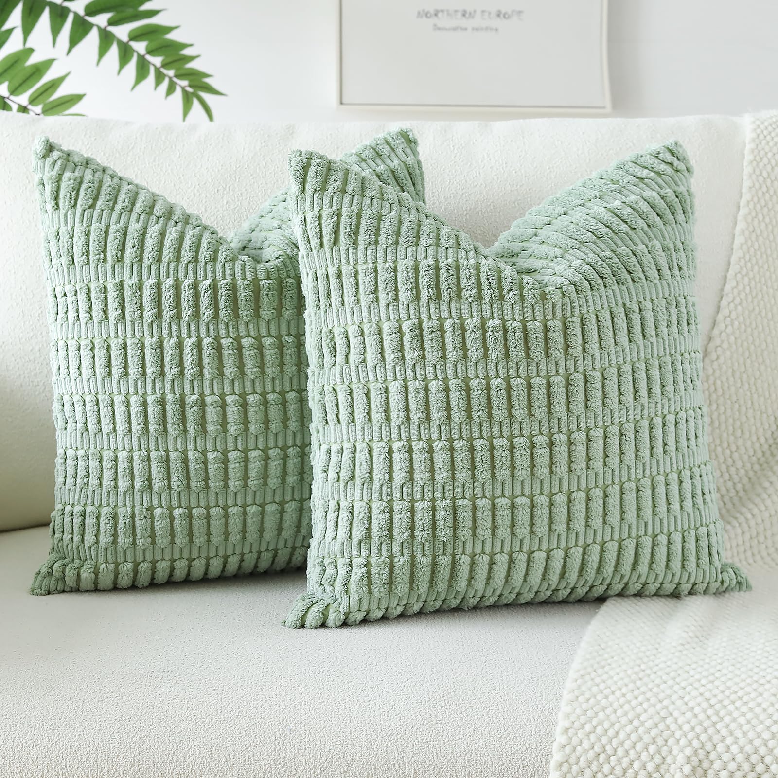 JOTOM Set of 2 Corduroy Soft Striped Cushion Covers 45x45 cm Decorative Throw Pillow Covers Square Cushion Case Home Boho Decor Pillow Cases for Couch Sofa Bedroom 18x18 Inch (Sage Green)
