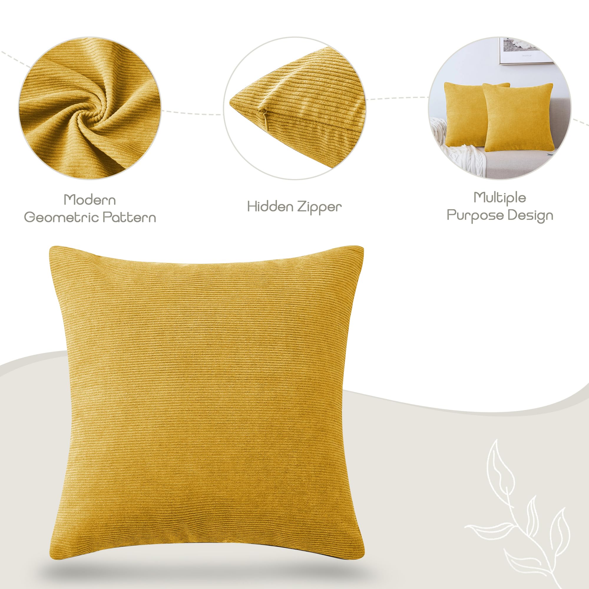 Hafaa Cushions with Covers Included 45 x 45 Cm Set of 4 (2 Ochre Cushion Covers, 2 Cushion Inserts) - Stripe Velvet Square Throw Pillow Case Decorative Sofa Cushion Covers with Invisible Zipper