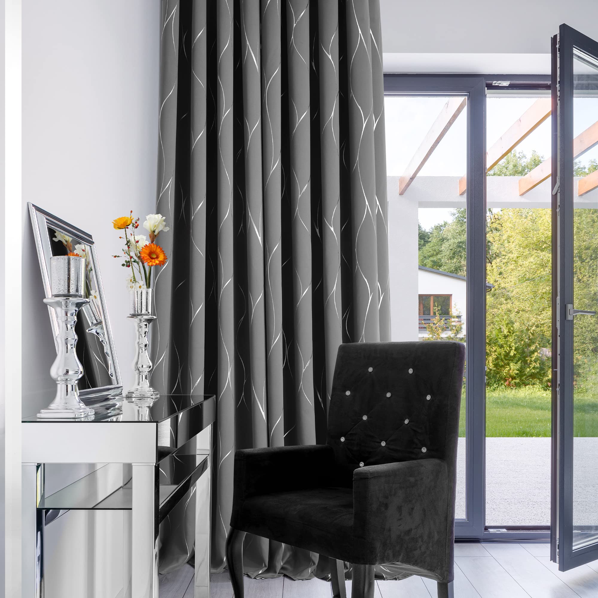 Deconovo Blackout Curtains, Thermal Insulated Curtains, Wave Line Foil Printed Ring Top Curtains for Girls Bedroom, 46 x 54 Inch(Width x Length), Light grey, 2 panels