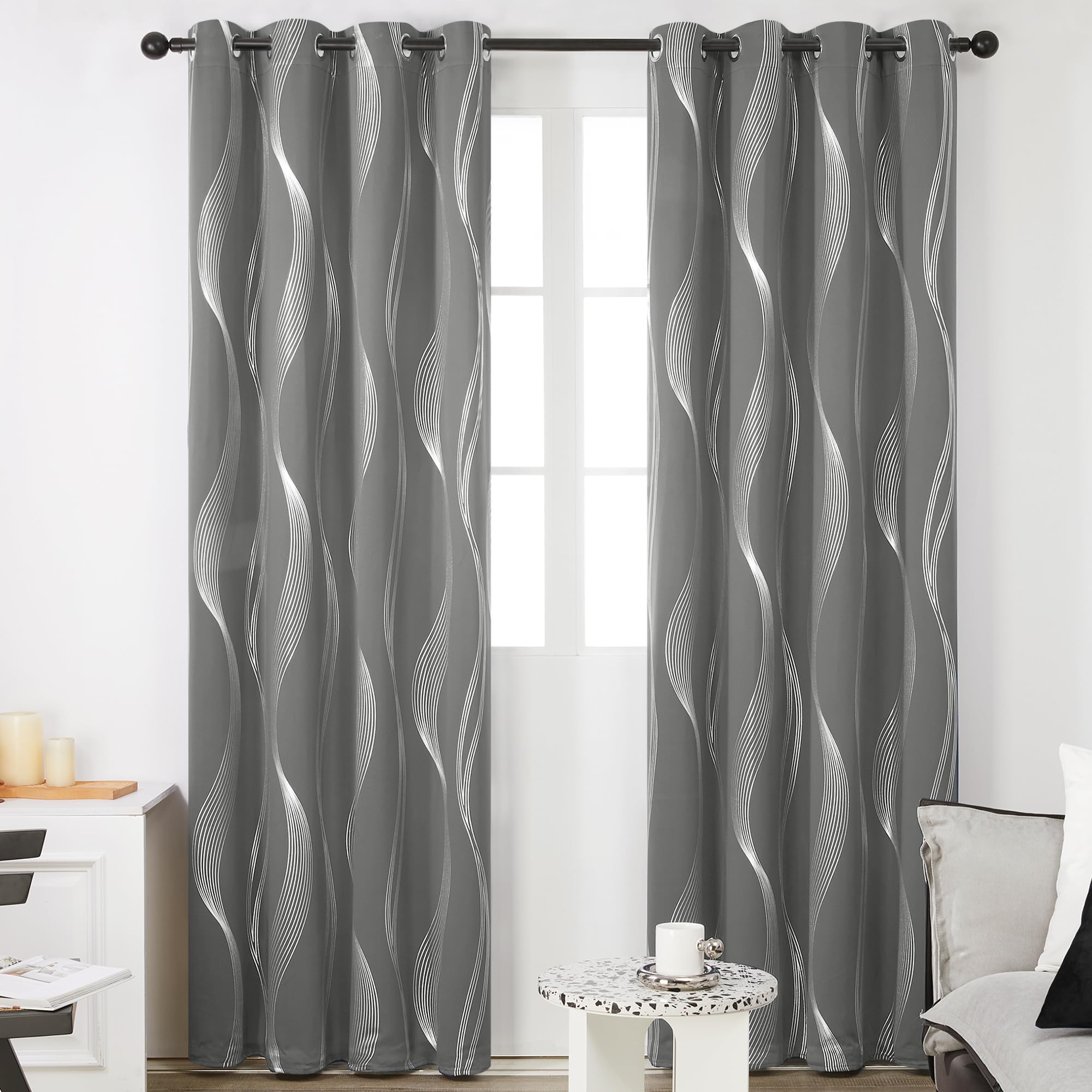 Deconovo Grey Curtains 66 x 54 Inch Drop Foil Printed Wave Line Room Darkening Curtains Thermal Insulated Energy Saving Super Soft Eyelet Blackout Curtains for Bedroom Light Grey 2 Panels