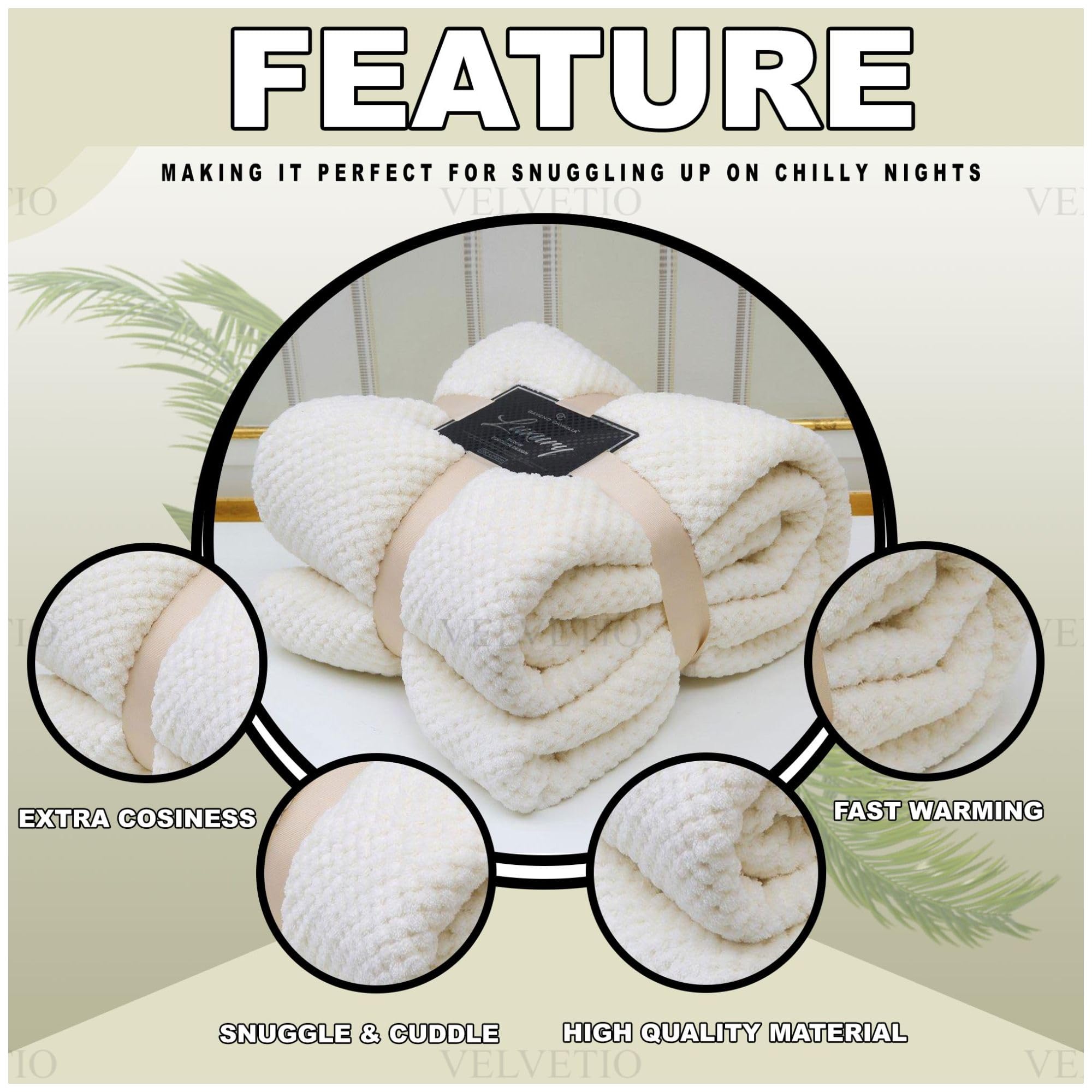 VELVETIO Luxury Waffle Fleece Popcorn Throw, Extra Large Thermal Warm Honeycomb Blanket, Soft & Cosy 100% Polyester Snuggle Sofa Bed Throws, 200 x 240cm, Cream