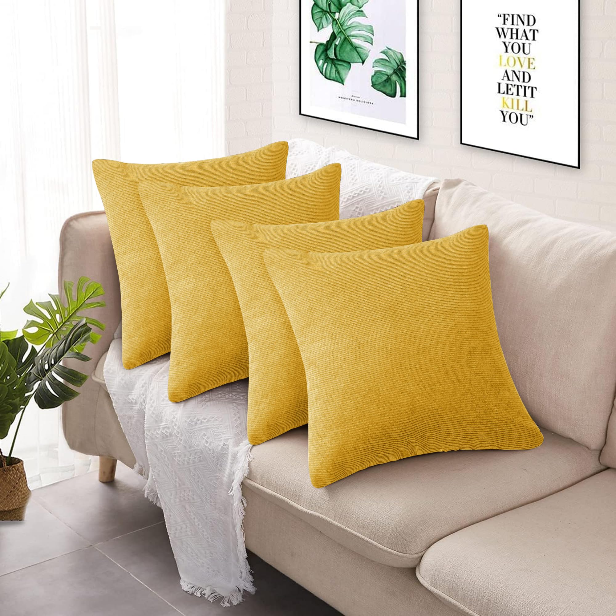 Hafaa Cushions with Covers Included 45 x 45 Cm Set of 4 (2 Ochre Cushion Covers, 2 Cushion Inserts) - Stripe Velvet Square Throw Pillow Case Decorative Sofa Cushion Covers with Invisible Zipper