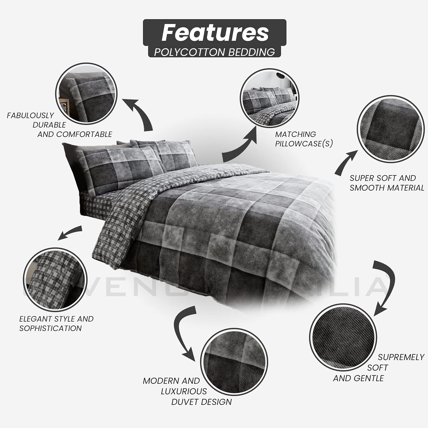 GC GAVENO CAVAILIA Checkered Duvet Cover King Size (230cm x 220cm) | Polycotton Bedding Sets King Size | Washable Linen | Grey