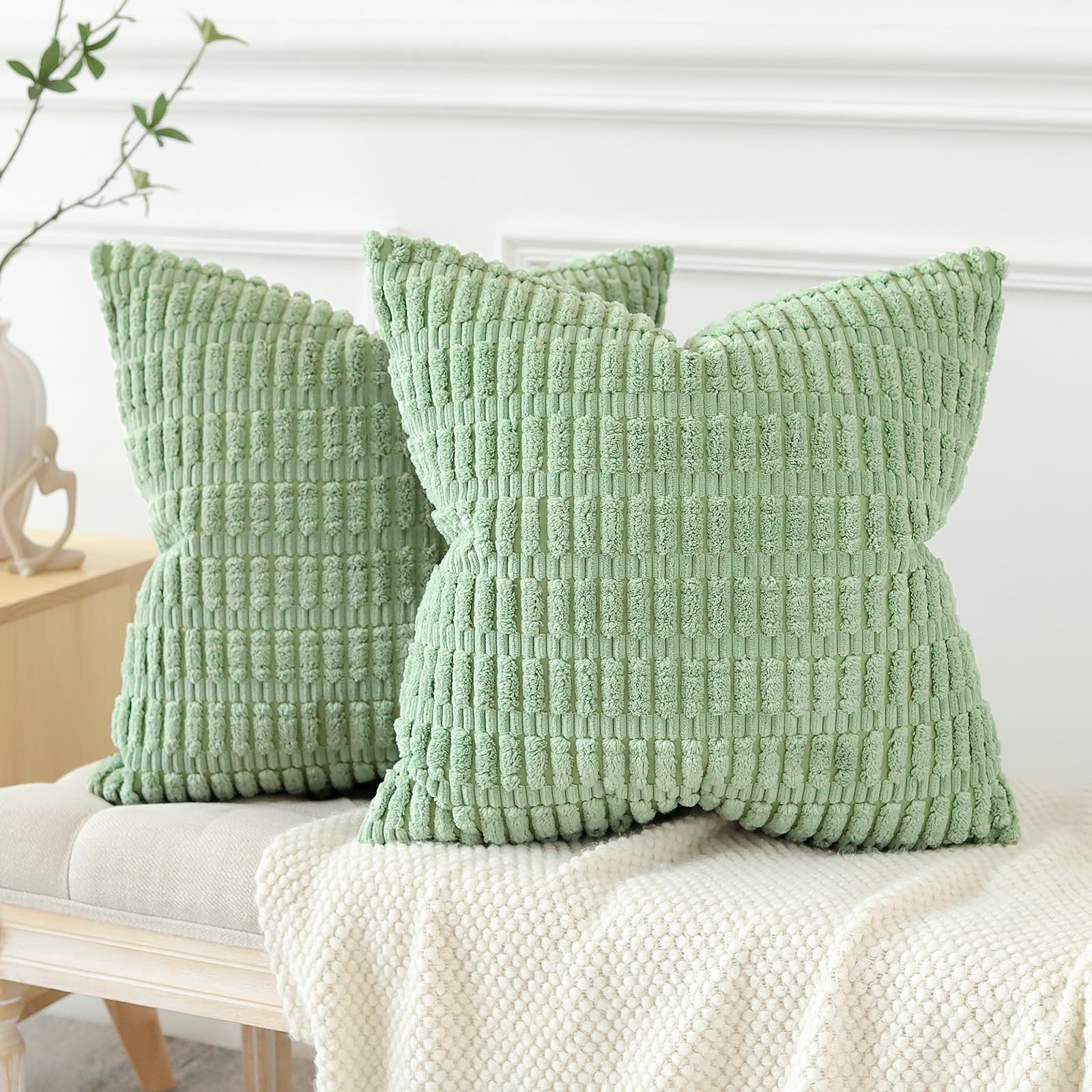 JOTOM Set of 2 Corduroy Soft Striped Cushion Covers 45x45 cm Decorative Throw Pillow Covers Square Cushion Case Home Boho Decor Pillow Cases for Couch Sofa Bedroom 18x18 Inch (Sage Green)