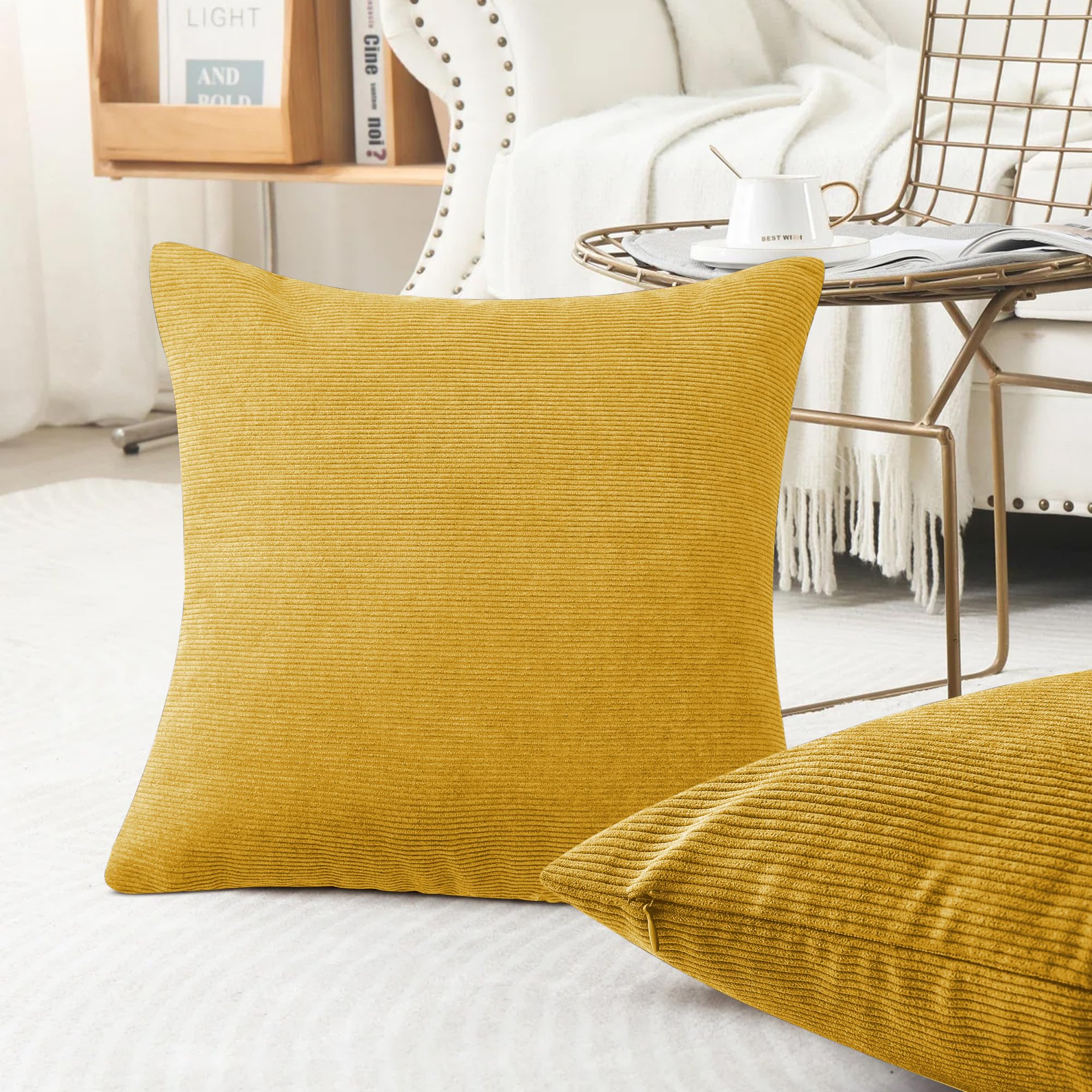 Hafaa Cushions with Covers Included 45 x 45 Cm Set of 4 (2 Ochre Cushion Covers, 2 Cushion Inserts) - Stripe Velvet Square Throw Pillow Case Decorative Sofa Cushion Covers with Invisible Zipper