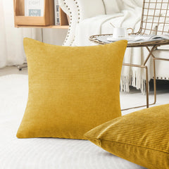 Hafaa Cushions with Covers Included 45 x 45 Cm Set of 4 (2 Ochre Cushion Covers, 2 Cushion Inserts) - Stripe Velvet Square Throw Pillow Case Decorative Sofa Cushion Covers with Invisible Zipper