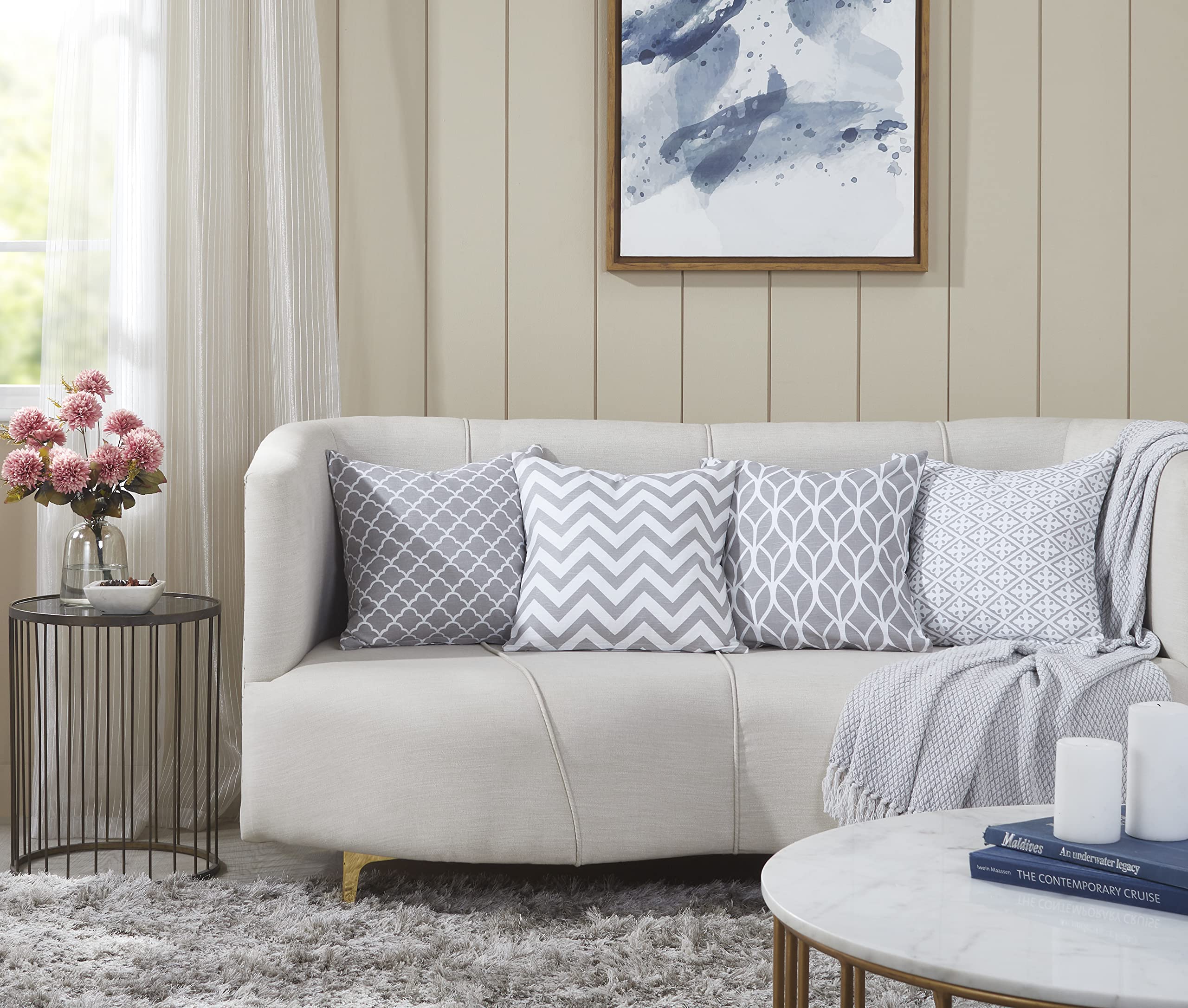 Penguin Home Set of 4 100% Slub Cotton Fabric Cushion Covers 45cm x 45cm Double Sided Square Pillow Covers with Invisible Zipper Pillow Cases for Living Room, Bedroom, Sofa (Grey)