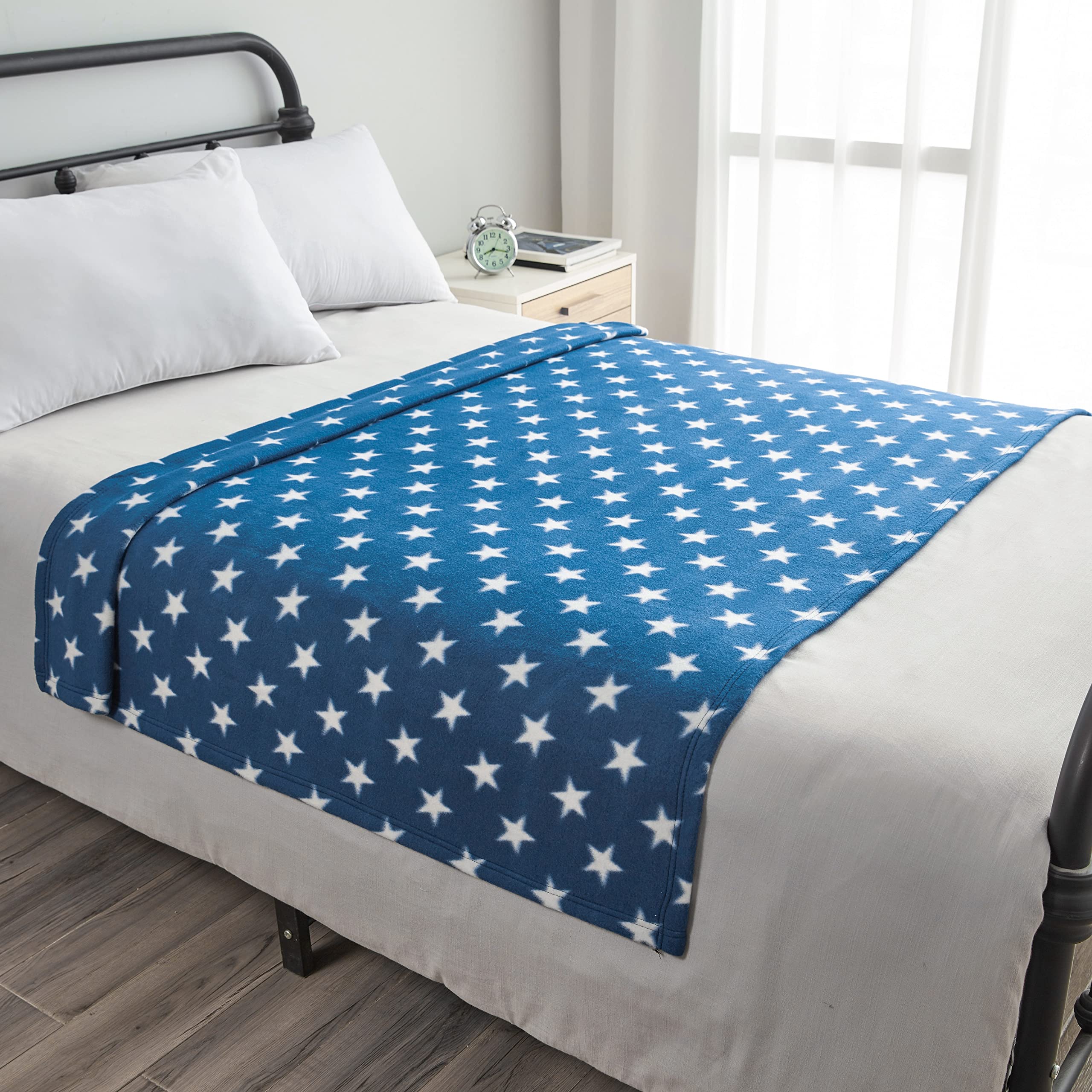 Dreamscene Flannel Fleece Stars Throw Over Bed Warm Soft Blanket Plush for Kids Sofa, Navy Blue - 50" x 60" inch